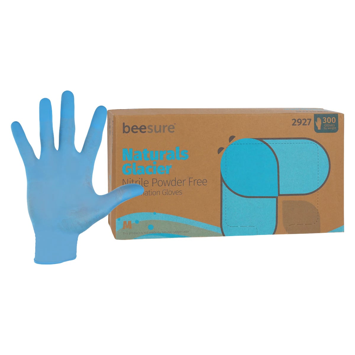 BeeSure Naturals Glacier Nitrile Examination Gloves, Powder-Free, Non-Sterile, Medium, Glacier Blue, Textured Fingertips, 300/Box, BE2927