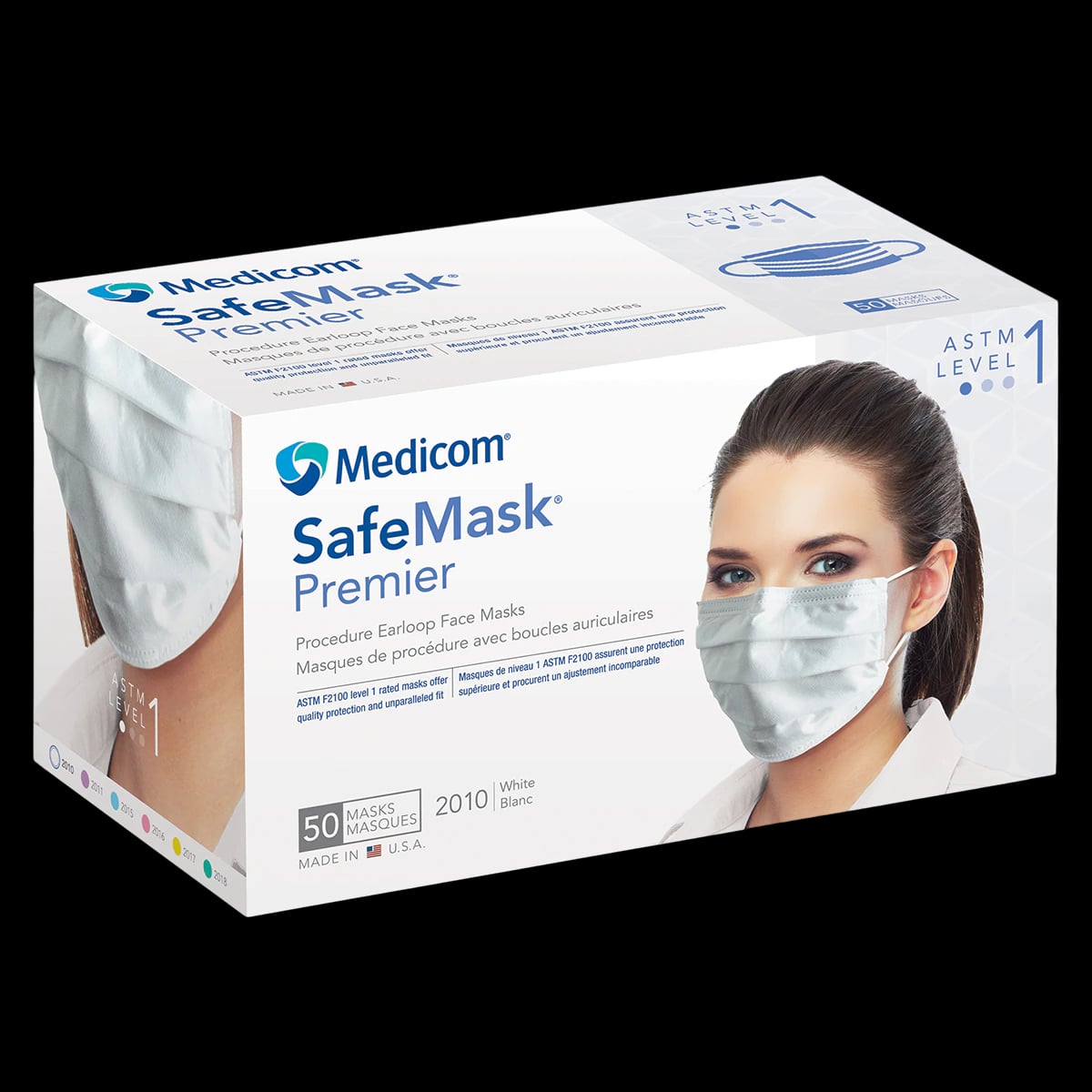 Medicom SafeMask Premier Procedure Face Mask, ASTM Level 1, Ear Loop, White, 50/Box, 2010
