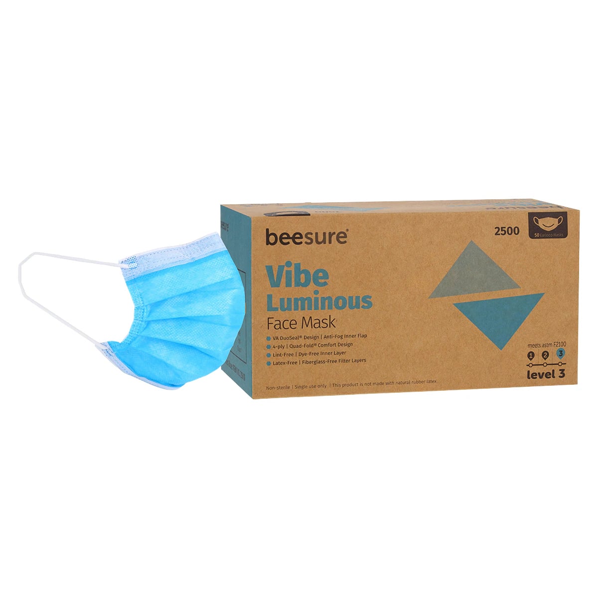 BeeSure Vibe Procedure Face Mask, ASTM Level 3, Luminous Blue, 50/Box, BE2500