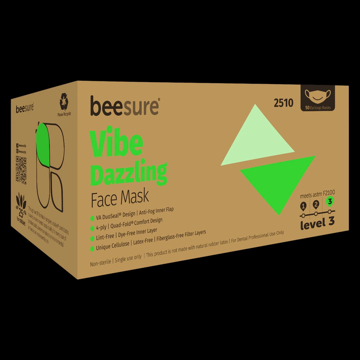 BeeSure Vibe Procedure Face Mask, ASTM Level 3, Dazzling Green, 50/Box, BE2510
