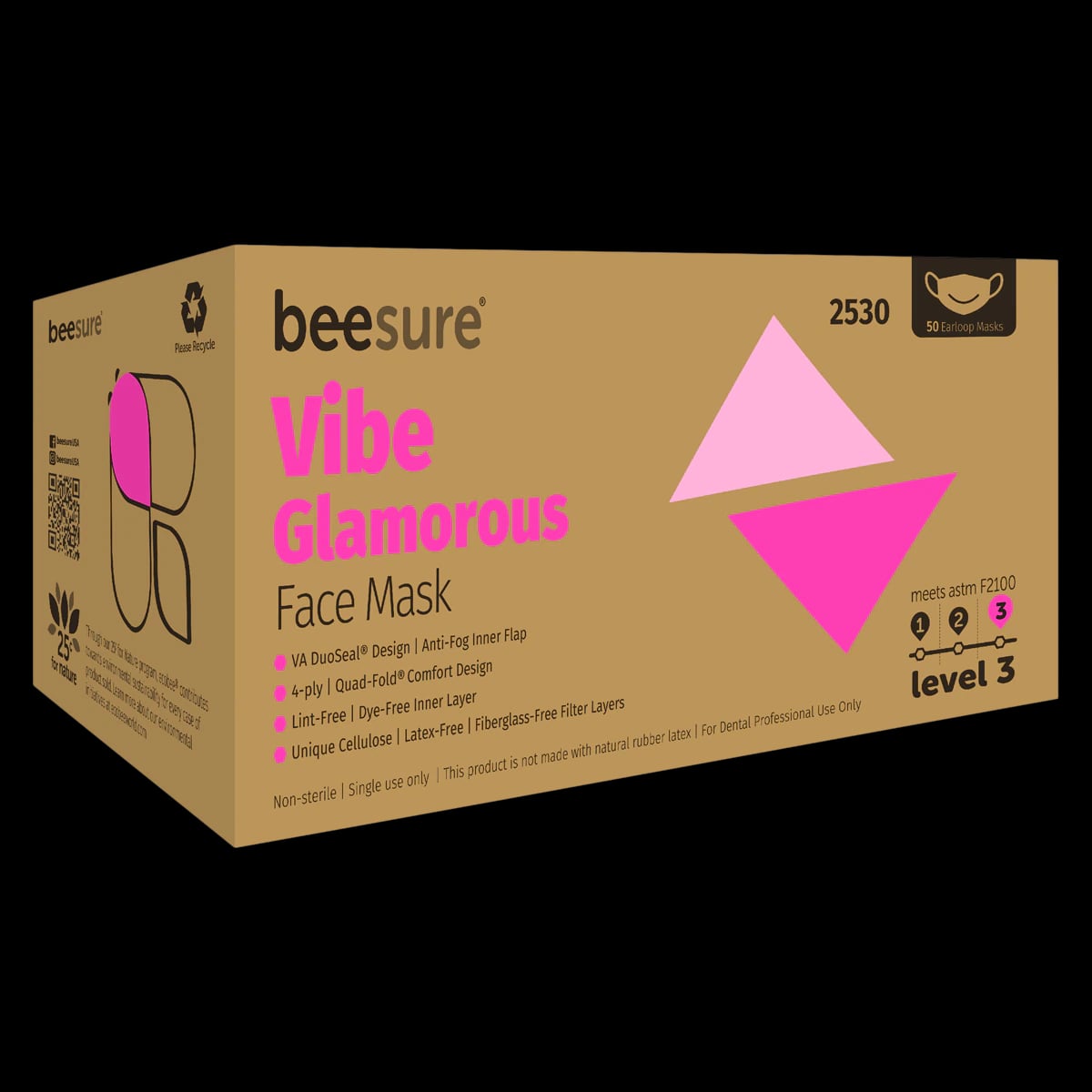 BeeSure Vibe Procedure Face Mask, ASTM Level 3, Glamorous Pink, 50/Box, BE2530