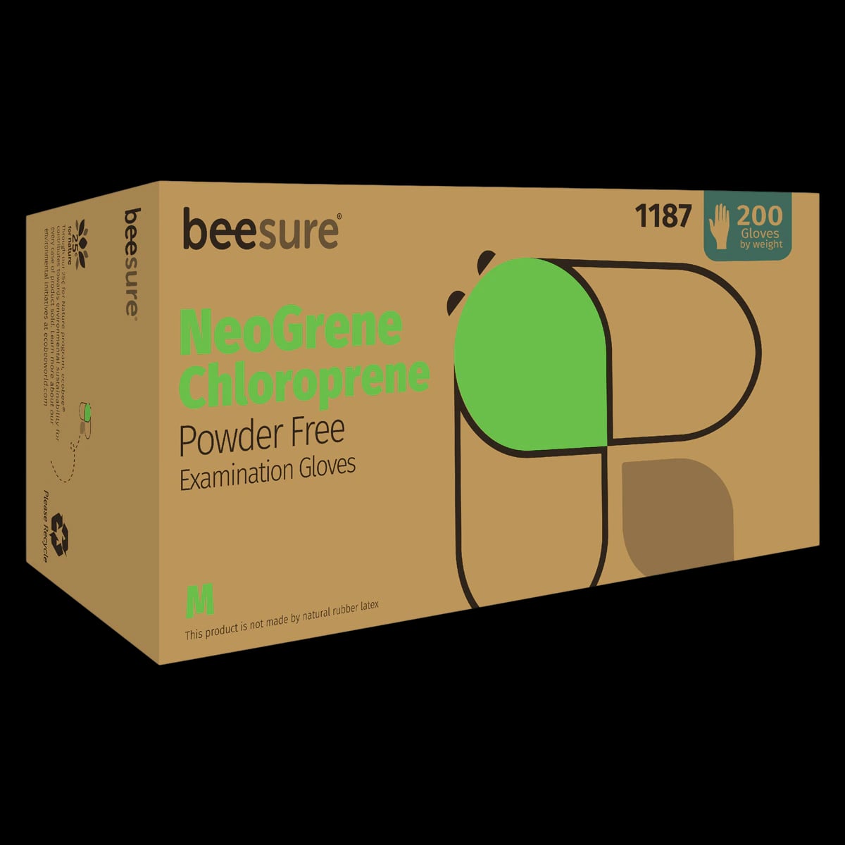 BeeSure NeoGrene Chloroprene Exam Gloves, Powder-Free, Non-Sterile, Medium, Green, 200/Box, BE1187