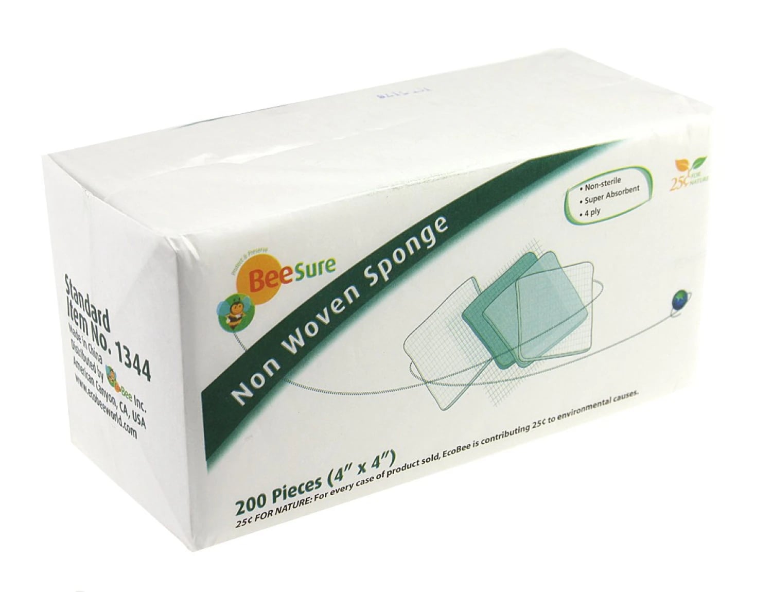 BeeSure Non-Woven Sponge NS 4x4, 4-Ply Rayon/Polyester, Non-Sterile, 2000/Case, BE1344