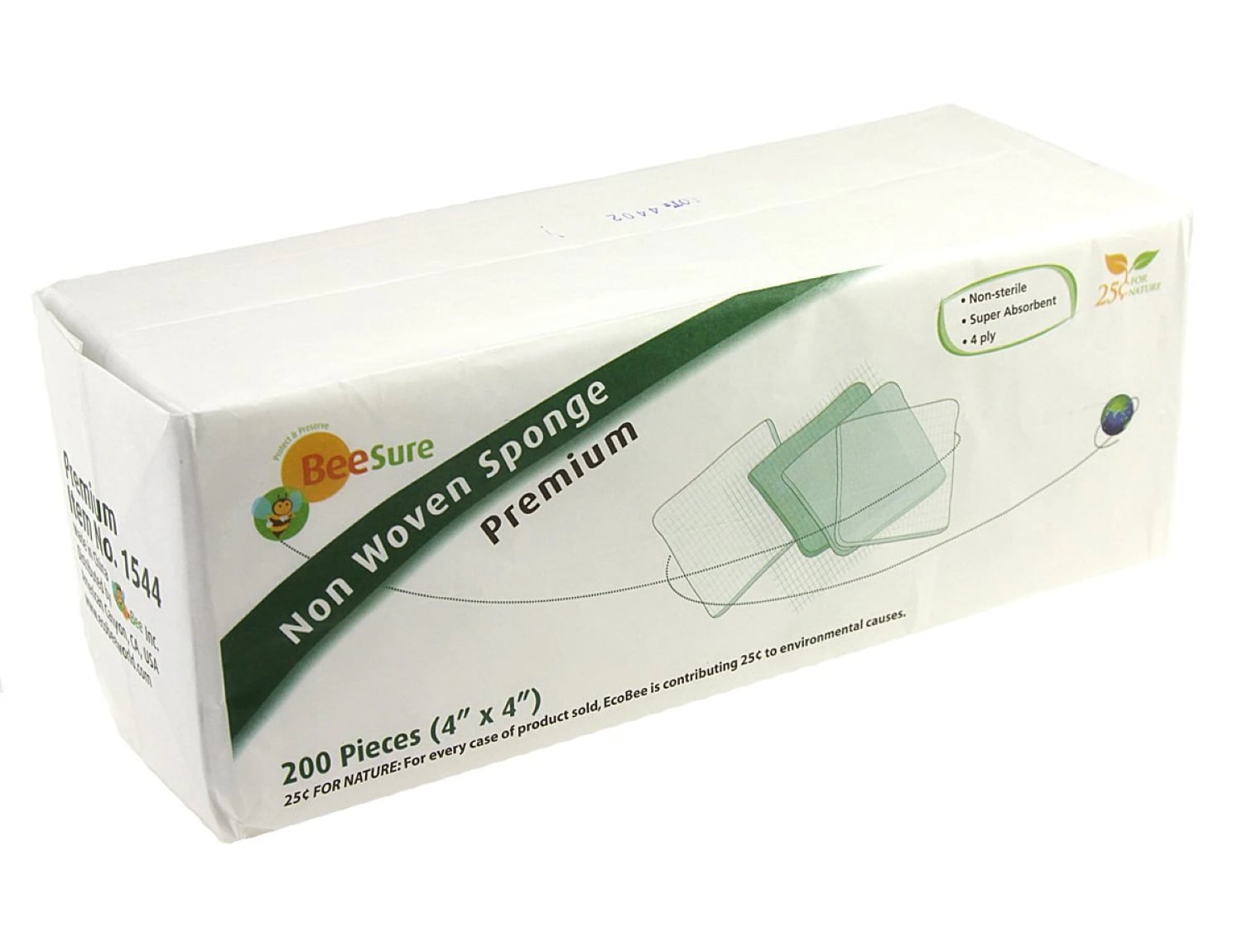 BeeSure Premium Non-Woven Sponge, 4" x 4", 4-Ply Rayon/Polyester, Non-Sterile, 50 g/m², 2000/Case