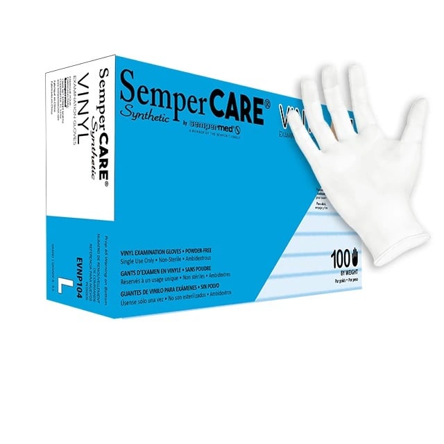 Sempermed SemperCare Synthetic Vinyl Exam Gloves, Powder Free, Non-Sterile, Large, White, 100/Box