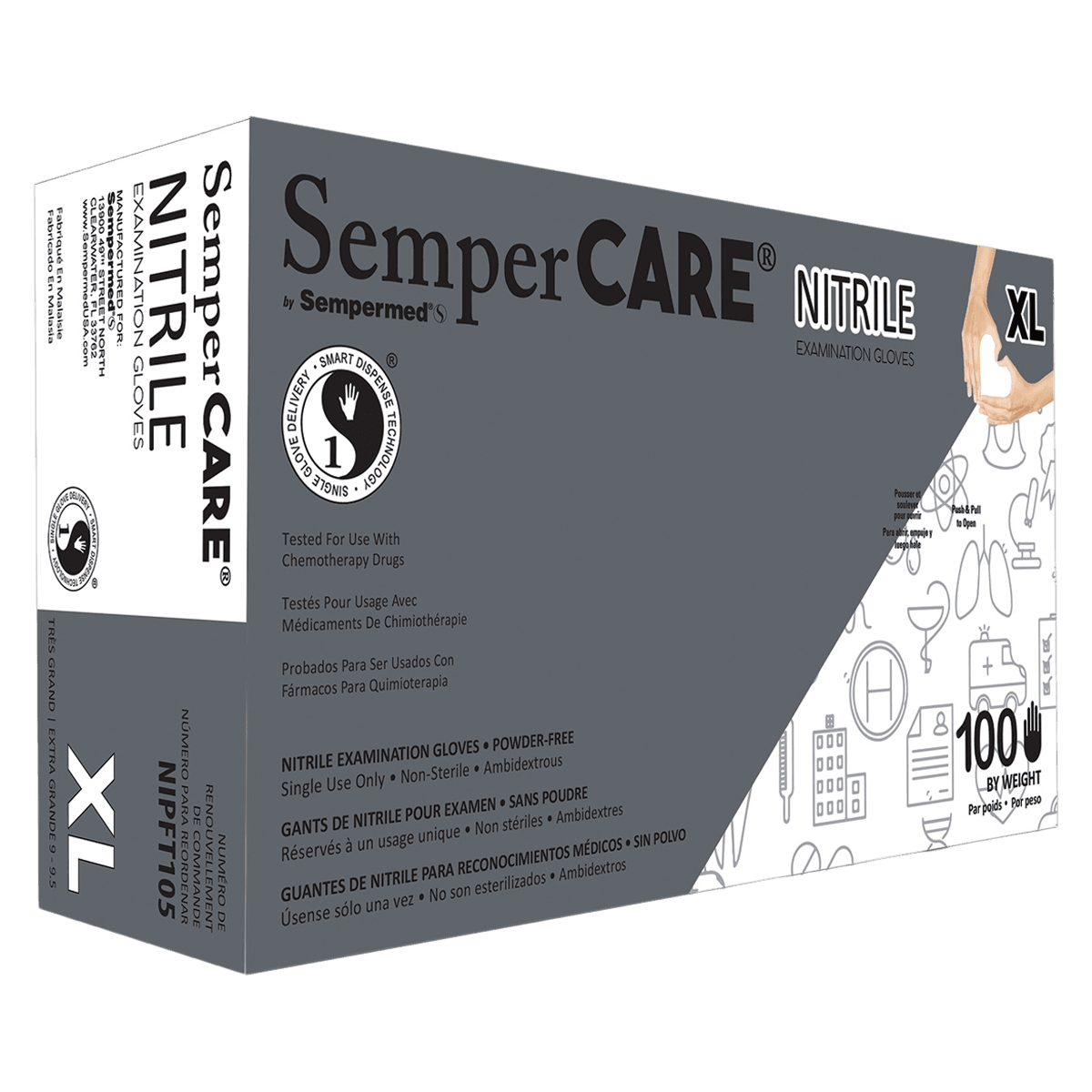 Sempercare PF Nitrile Exam Gloves, Powder Free, Non-Sterile, X-Large, Blue, 100/Box