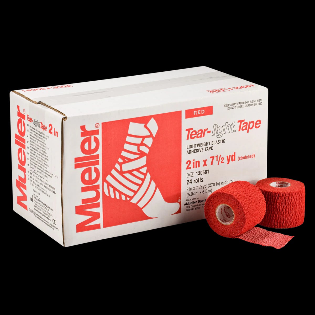 Mueller Tear-Light Elastic Athletic Tape, Red, 2" x 7.5 yd, 24/Case