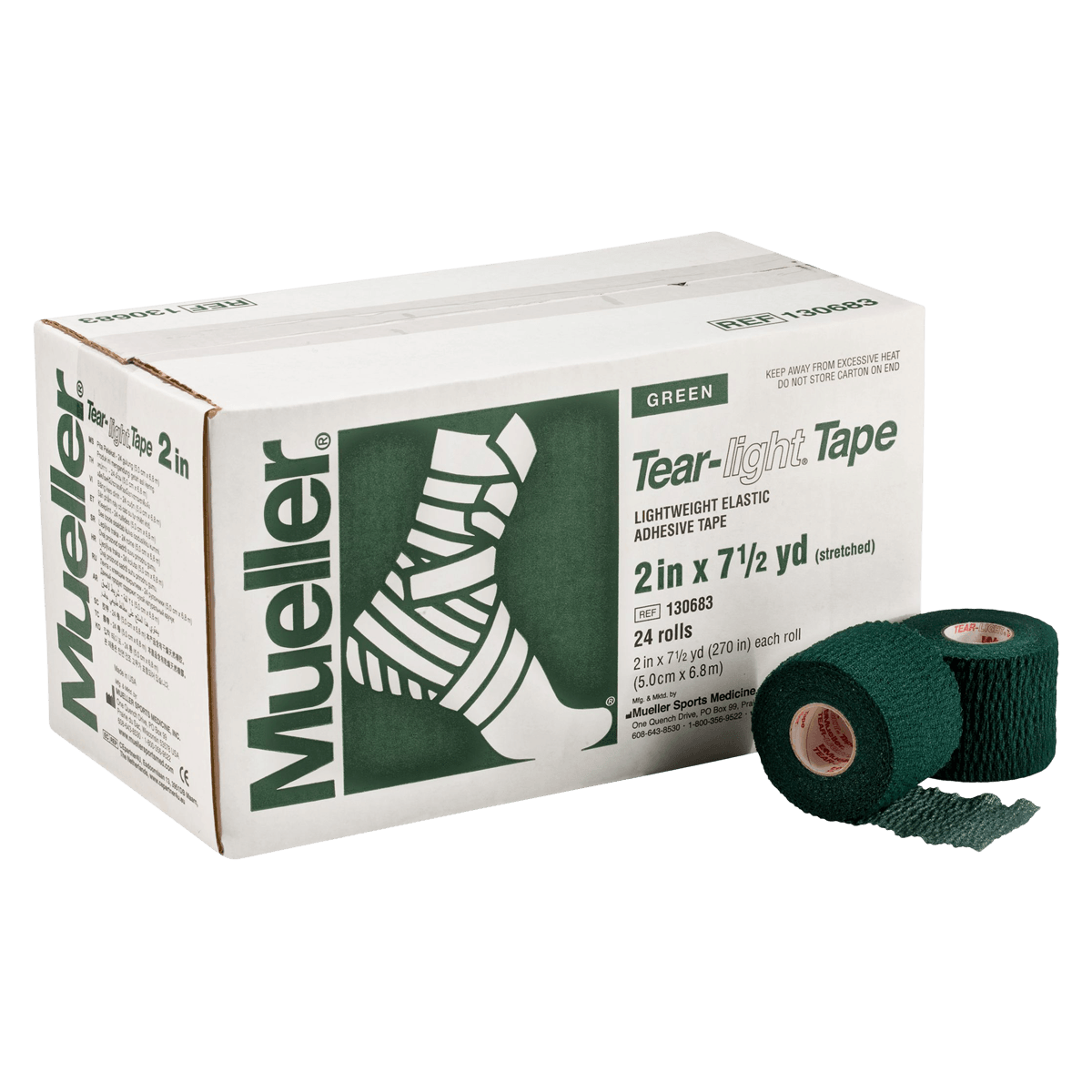 Mueller Sports Medicine Tear-Light Athletic Tape Elastic, 2" x 7.5 yd, Green, 24/Case