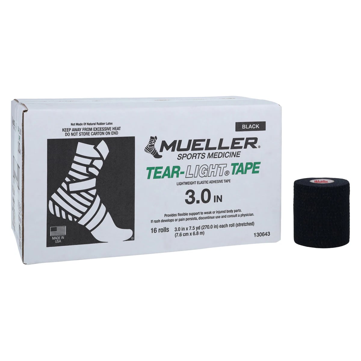 Mueller Tear-Light Elastic Athletic Tape, 3" x 7.5 yd, Black, Non-Sterile, 16/Case
