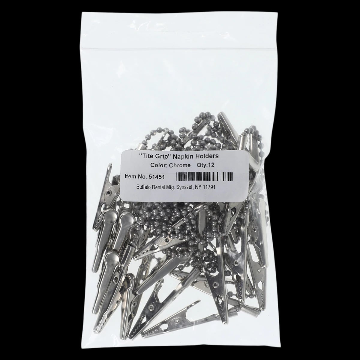 Buffalo Dental Napkin Holder (Bib Clip), Nickel-Plated, Alligator Clip with Metal Chain, 10.25 inch, Autoclavable, 12/Pkg, #51451