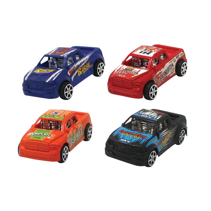 Sherman Specialty Pull-Back Toy Truck Assortment, 4 Assorted Colors (Blue, Orange, Red, Black), 24/Pack, 3.75"