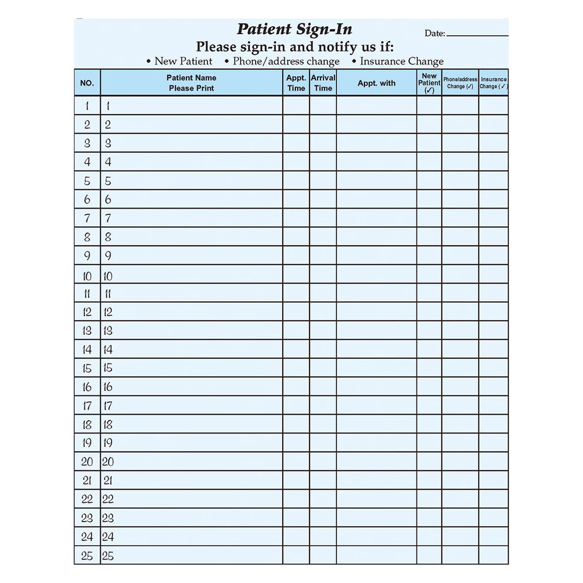 Wilmer Privacy Patient Sign-In Forms, HIPAA Compliant, 8.5 x 11 in, Blue, 125/Package