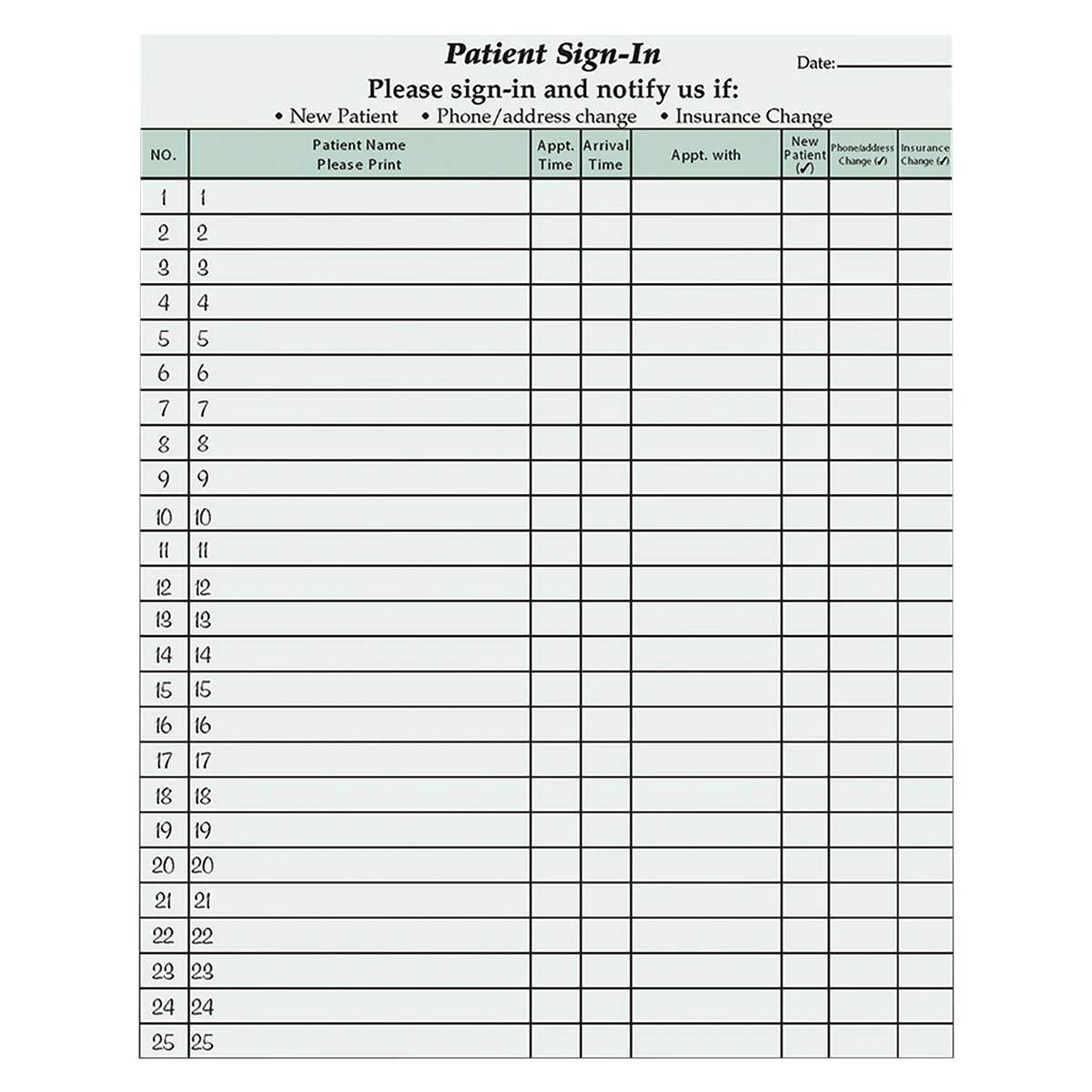 Wilmer Privacy Patient Sign-In Forms, HIPAA Compliant, 8.5 x 11 in, Green, 125/Pk