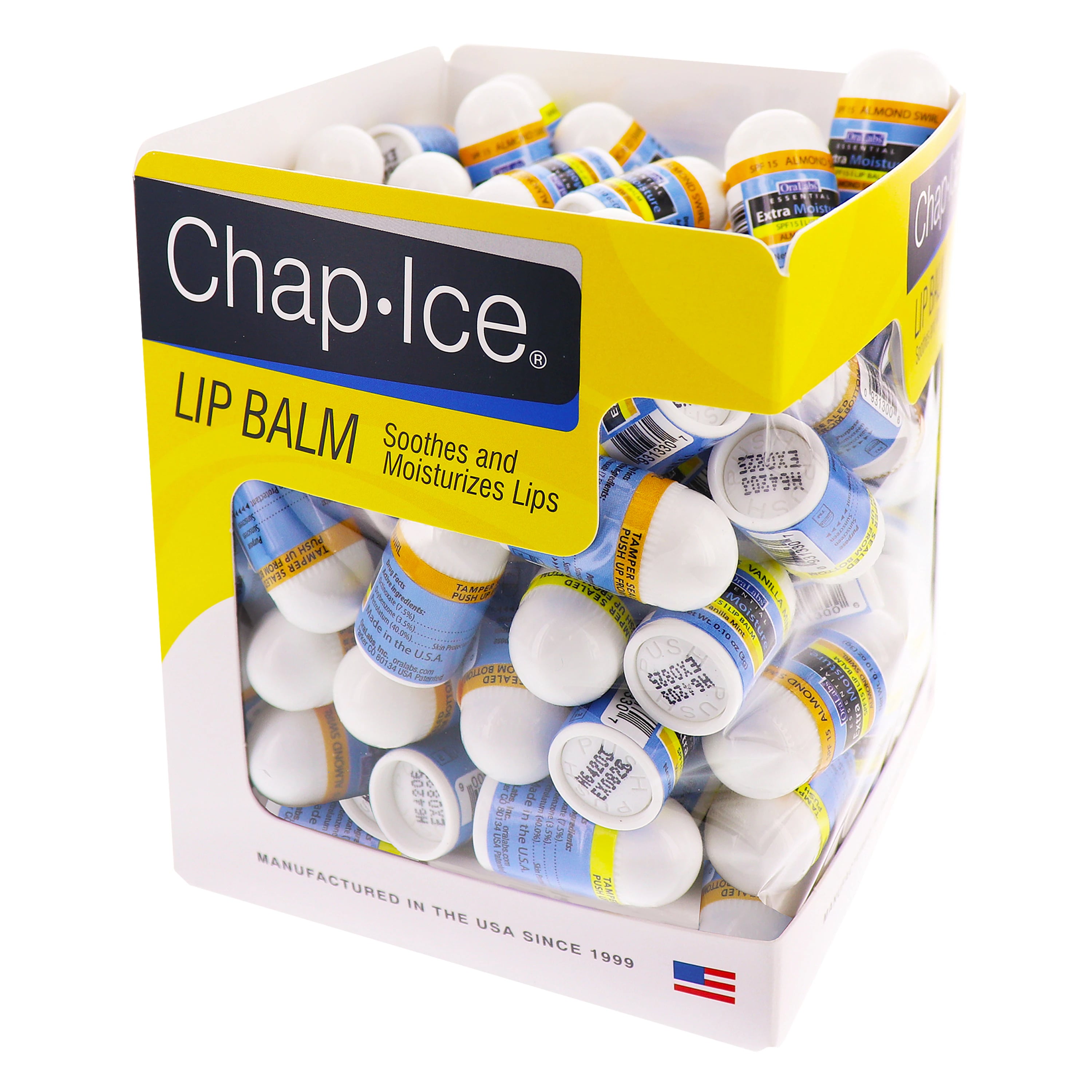 Chap-Ice Extra Moisture Mini Lip Balms, Assorted Vanilla Mint & Almond Swirl, SPF 15, 100/Box