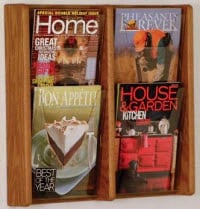 Stance Wall Magazine Display, 4 Pockets, Medium Oak Wood/Acrylic, 19 in x 21.25 in x 3 in