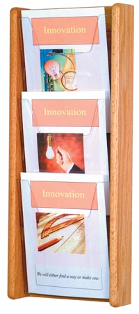 Stance Wall Magazine Display, 3 Pockets, Light Oak Wood/Acrylic, 26.25 in x 11 in x 3 in