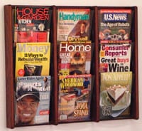 Stance Wall Magazine Display, 9 Pockets, Mahogany Wood / Acrylic, 31.5 in x 26.25 in x 3 in