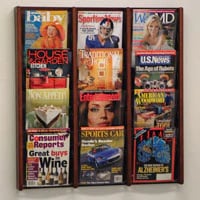 Stance Wall Magazine Display, 12 Pockets, Mahogany Wood/Acrylic, 31.5 in x 33.5 in x 3 in