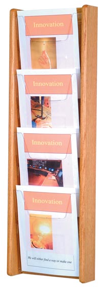 Stance Wall Magazine Display, 4 Pockets, Light Oak Wood/Acrylic, 33.5 in x 11 in x 3 in