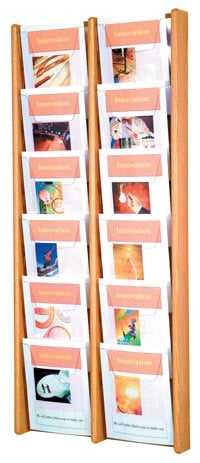 Stance Wall Magazine Display, 12 Pockets, Light Oak Wood/Acrylic, 21.25 in x 48 in x 3 in