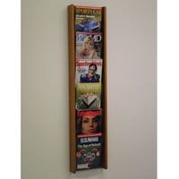 Stance Wall Magazine Display, 6 Pockets, Medium Oak Wood/Acrylic, 48 in x 11 in x 3 in