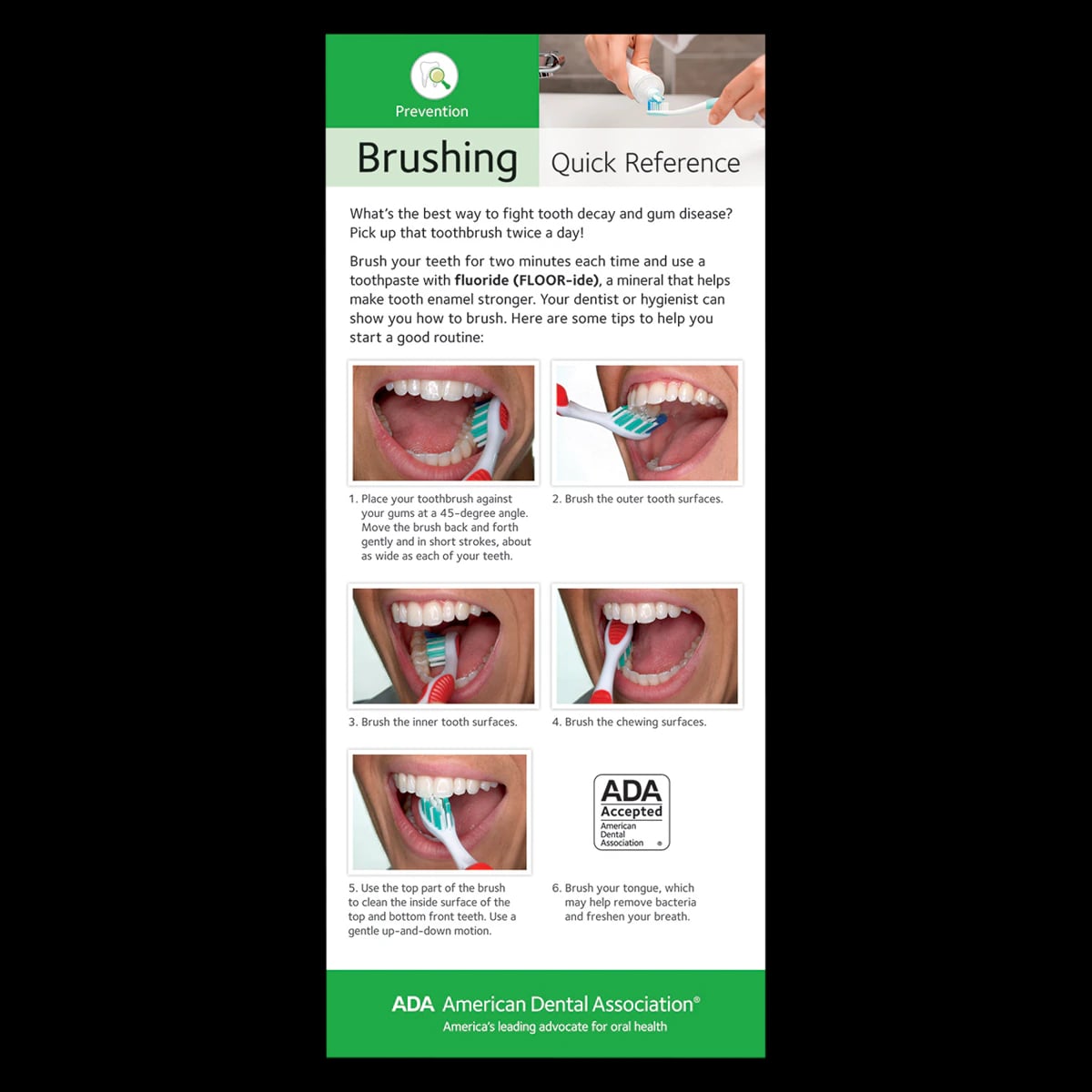 American Dental Assn Quick Reference Card, 2-Sided Brushing Instructions, English, 100/Pk