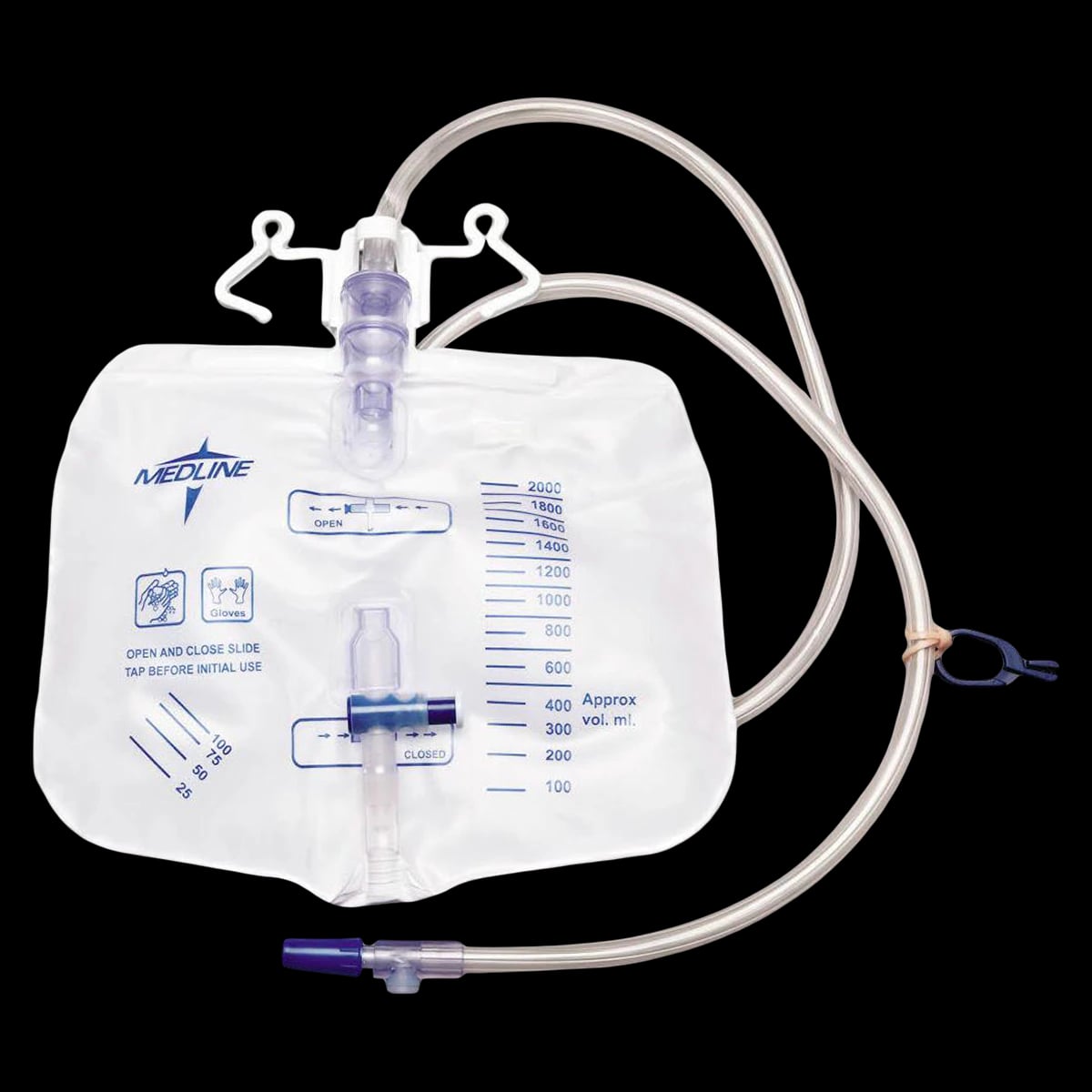 Medline Urinary Drainage Bag, 2000cc, Disposable, Anti-Reflux Valve with Slide Tap