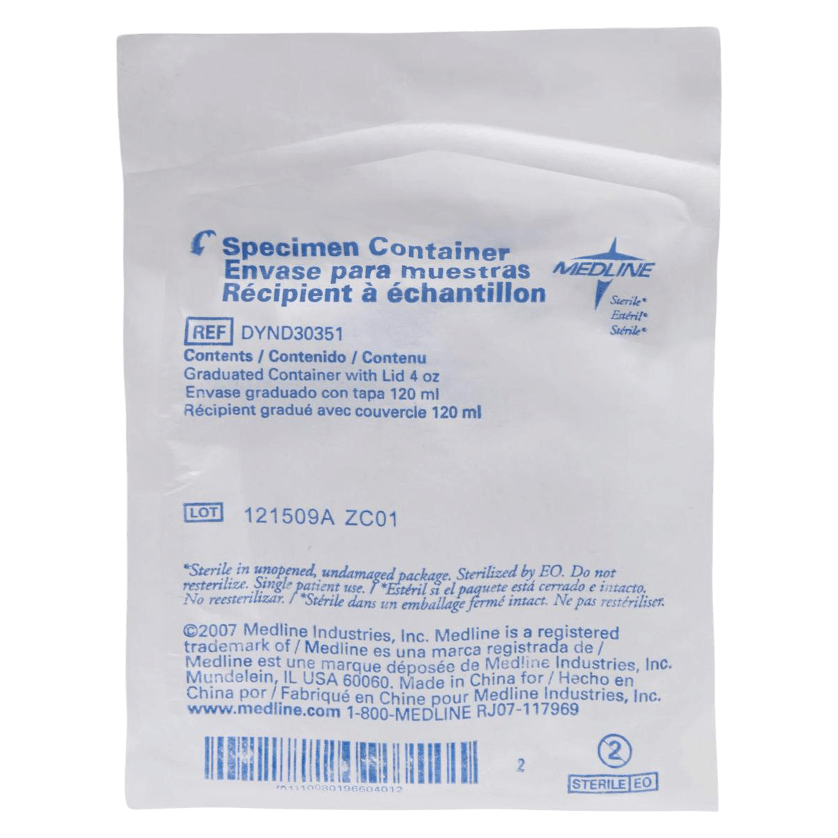 Medline Specimen Container, 4.5 oz, Sterile, Graduated, Blue Screw Lid, Individually Wrapped, 100/Case