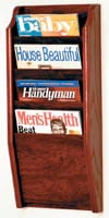 Cascade Wall Magazine Display, 4 Pockets, Mahogany Wood, 10.5 in x 24 in x 3.75 in, Each