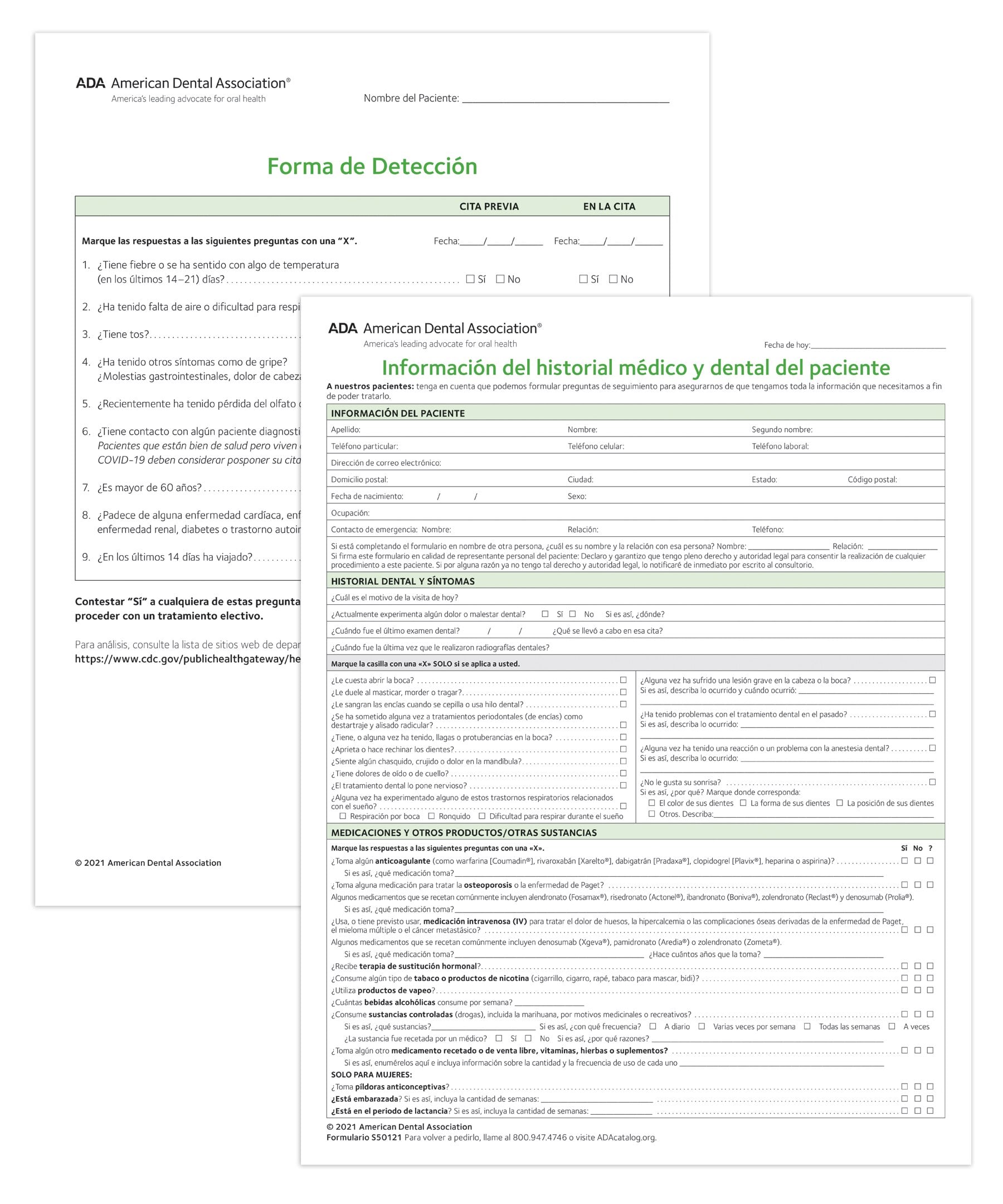ADA Health History Form, Adult, 2-Sided, Spanish, 8.5 in x 11 in, 100/Pk