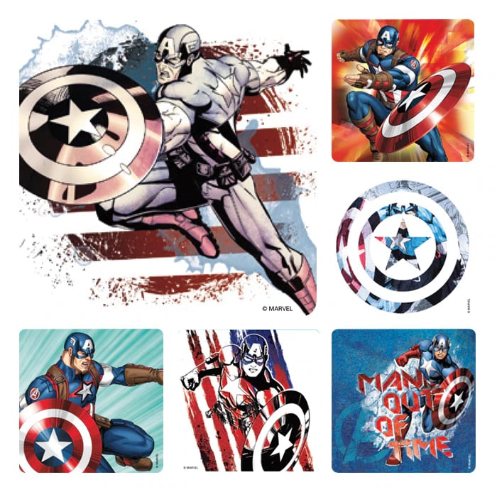 Captain America Stickers, Assorted 6 Designs, 2.5" x 2.5", 100 per Roll, PS616