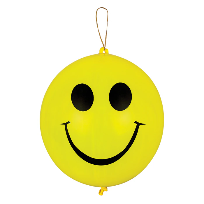 Sherman Specialty Smile Face Punch Balloons, Latex, Rubber Band Handle, 8.75", 36/Pack