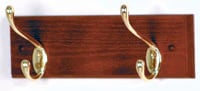 Coat Rack, Mahogany Wood with 2 Brass Hooks, 12 in x 3.5 in x 4.5 in, Each