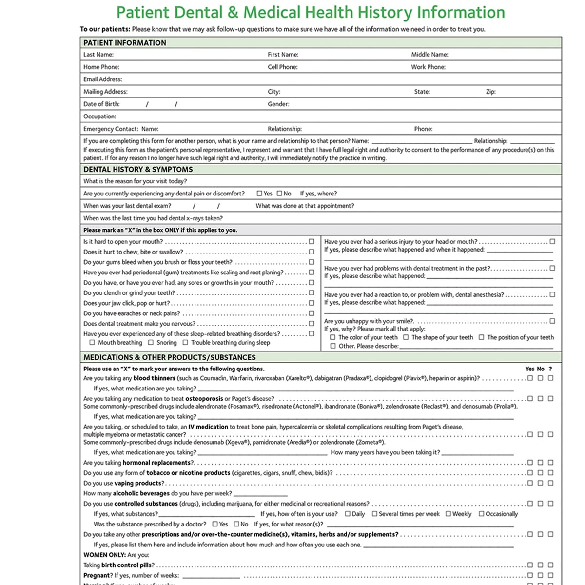 ADA Health History Forms 2021, Adult, 2-Sided, 8.5" x 11", White with Green Ink, Pad of 100, 100/Package