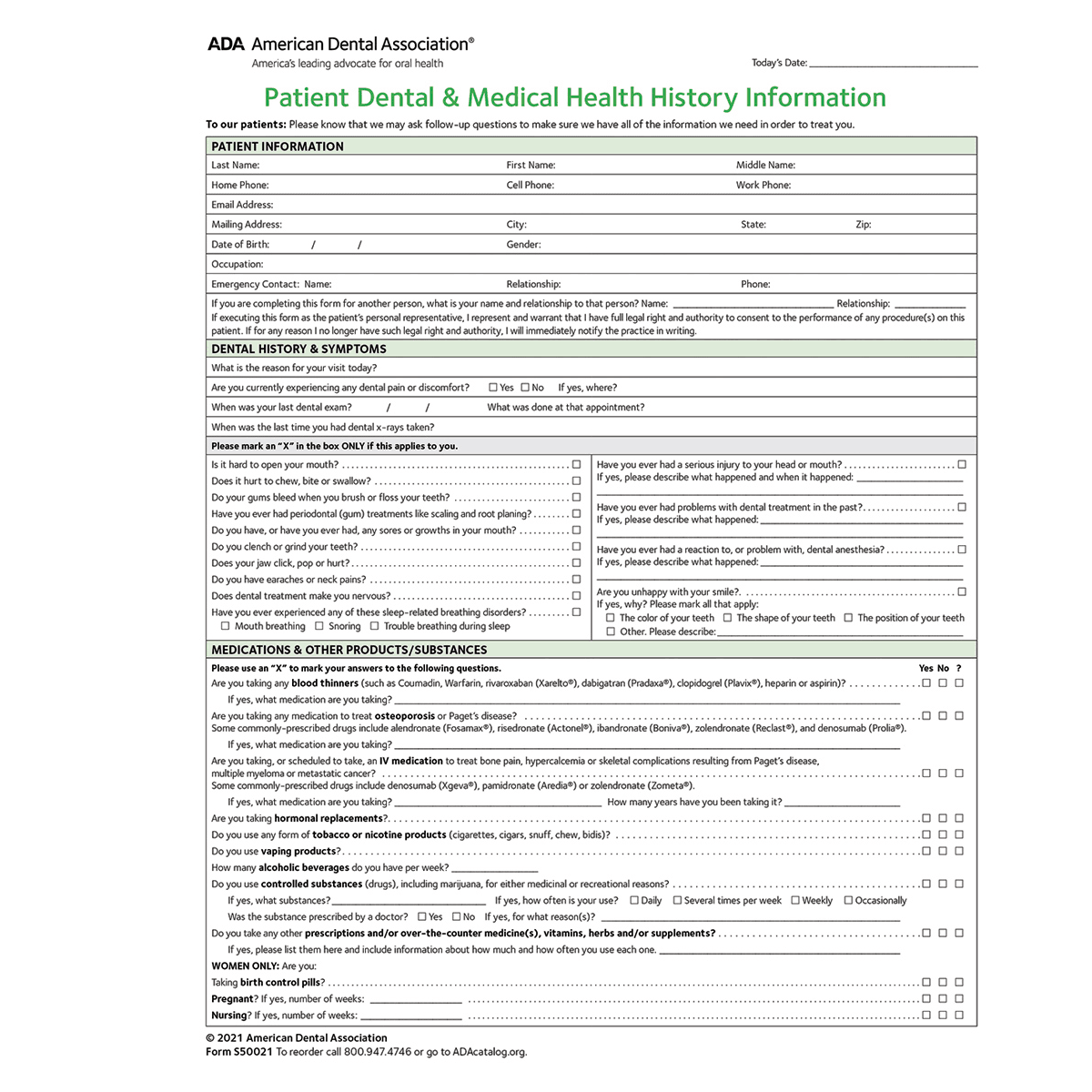 ADA Health History Forms 2021, Spanish, 2-Sided, 8.5" x 11", White Paper with Green Ink, Pad of 100, 100/Package