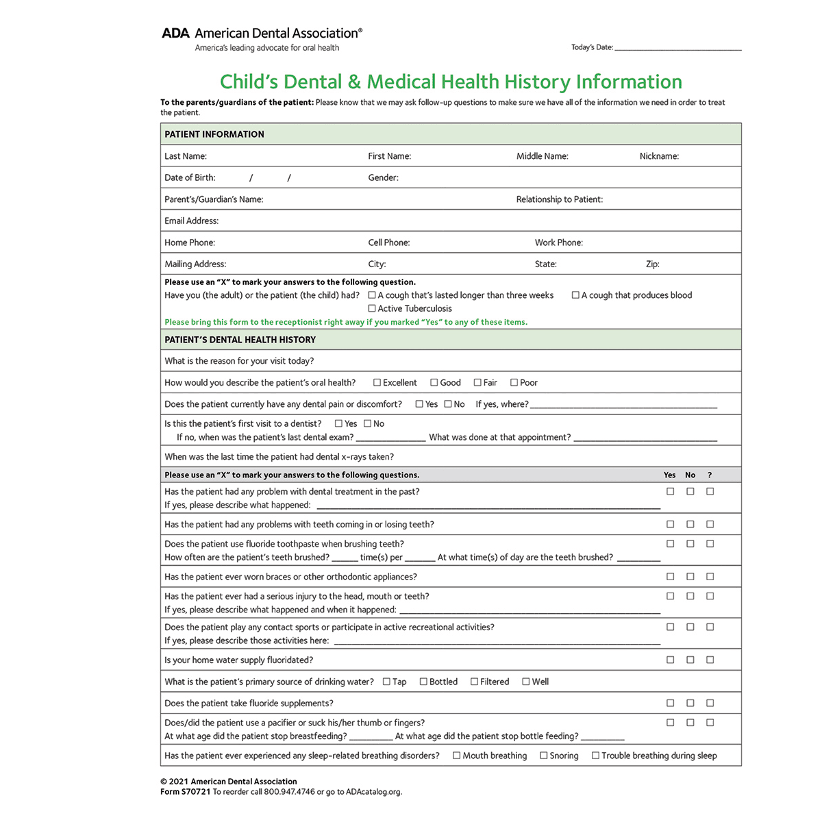 ADA Health History Form, Child, 2021, 2-Sided, 8.5" x 11", White with Green Ink, Pad of 100, 100/Package
