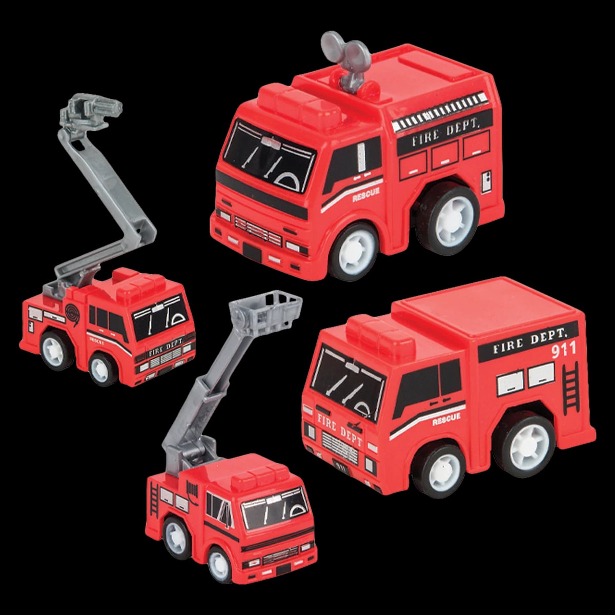 Sherman Specialty Pull Back Fire Truck, 2" Long, Assorted 4 Styles, 24/Pkg, JV562