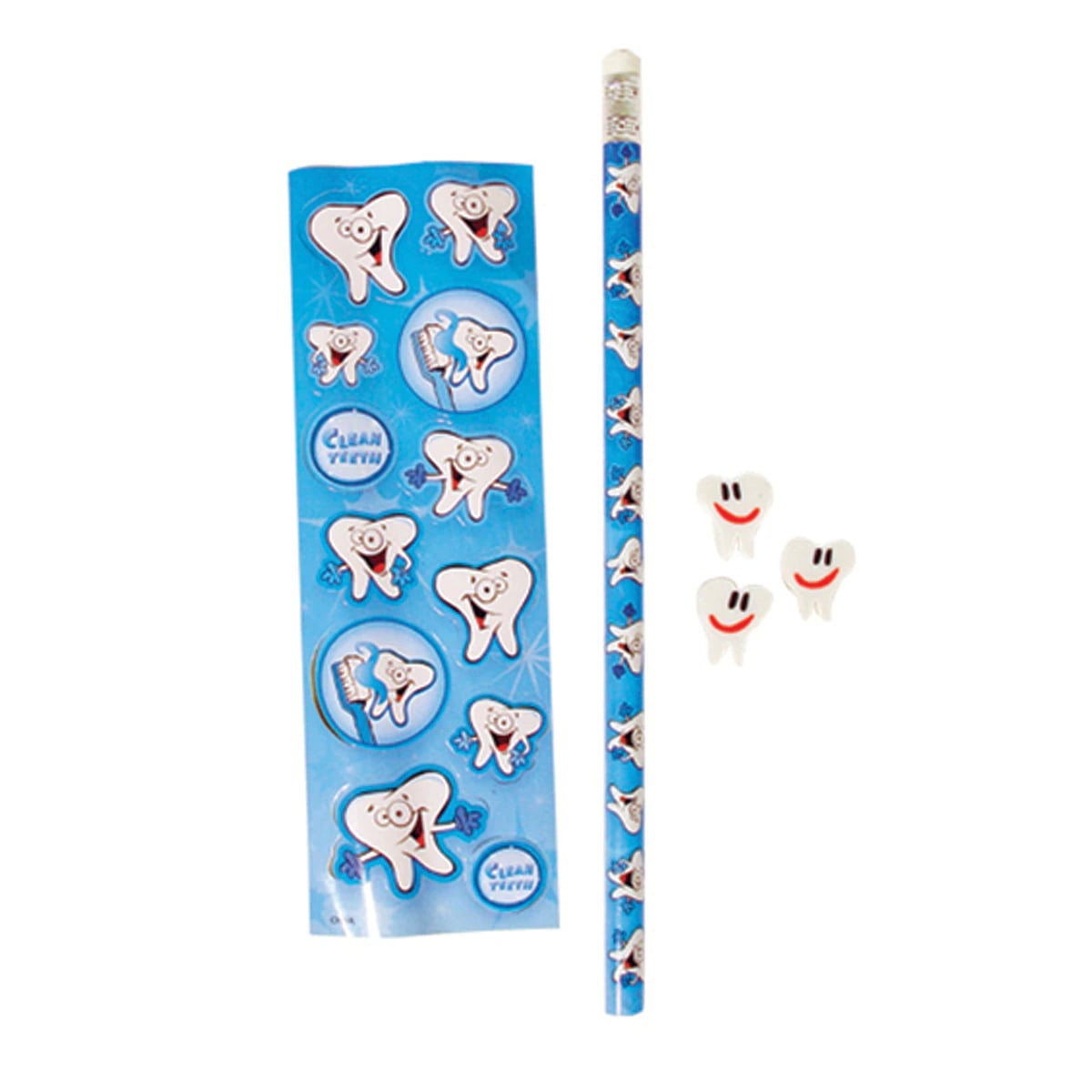 Sherman Specialty Dental Stationery Sets, Tooth Design Pencil, 12 Stickers & 3 Erasers, 72/Pkg, JV127