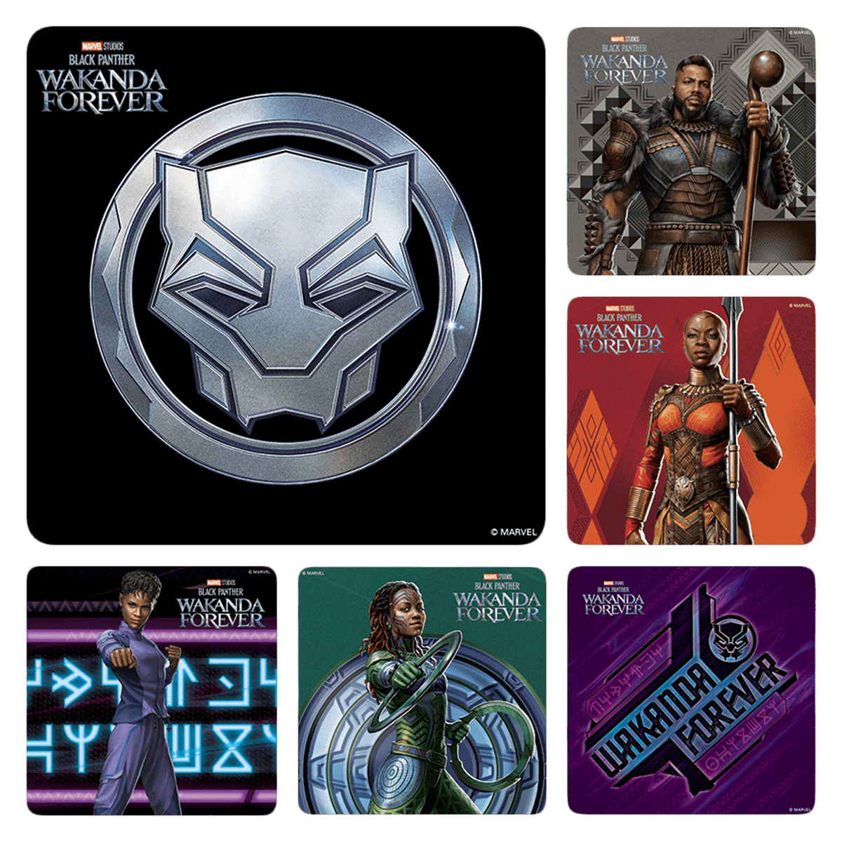 Black Panther Wakanda Forever Stickers, 6 Assorted Designs, 2.5" x 2.5", 100/Roll, PS737