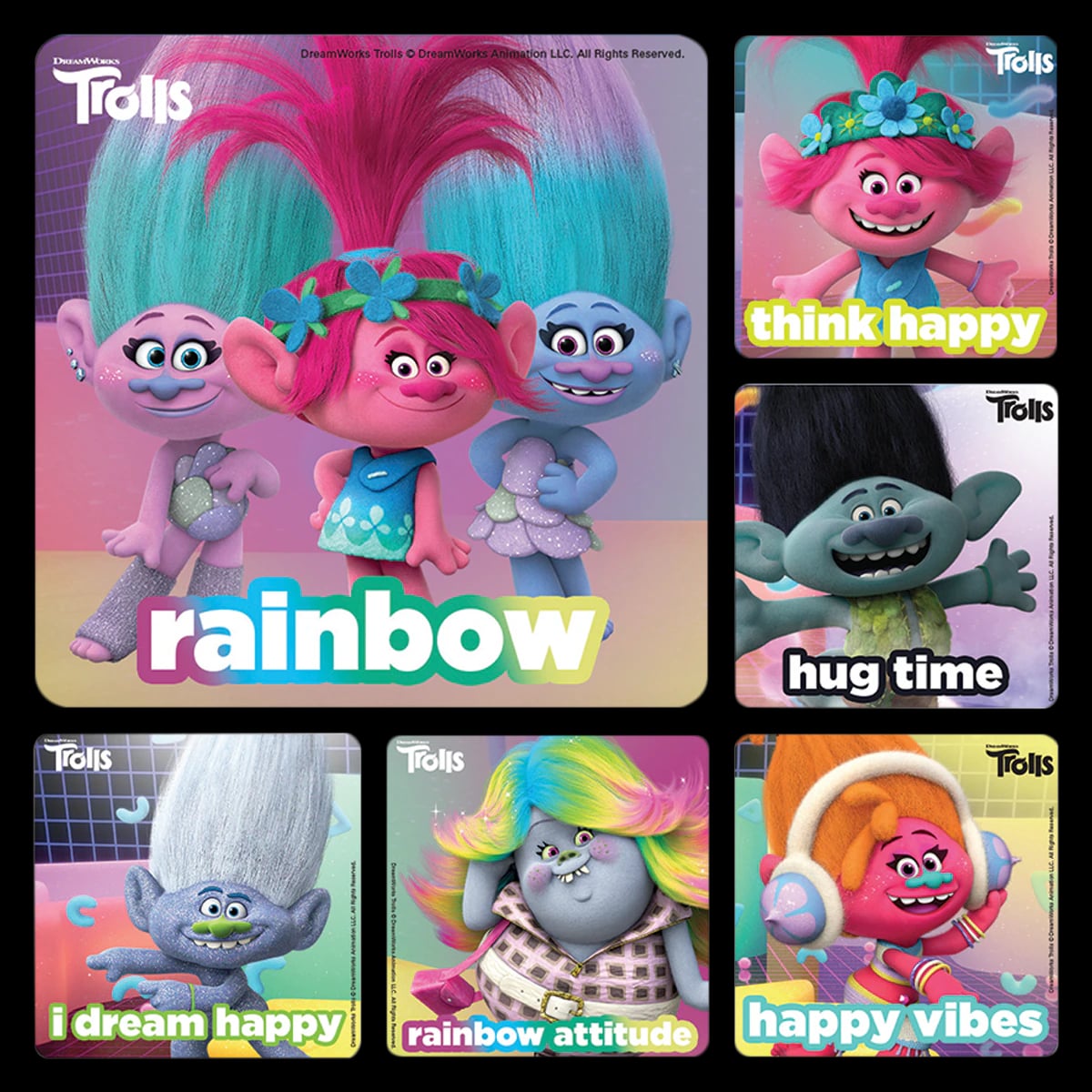 Trolls Movie Stickers, 2.5" x 2.5", 6 Assorted Designs, 100 per Roll, PS747