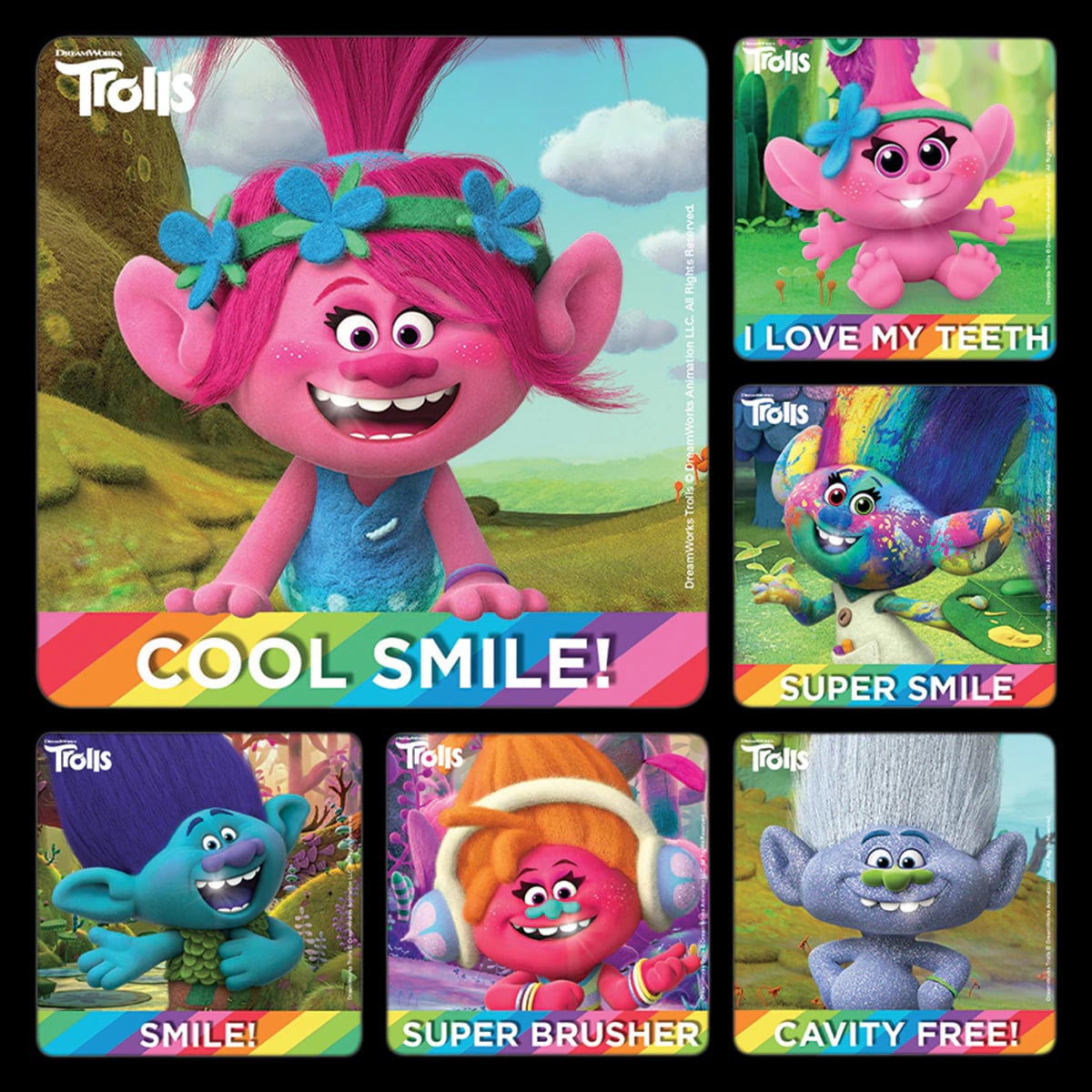 Trolls Patient Stickers, 2.5" x 2.5", 6 Assorted Designs, 100 per Roll, PS748
