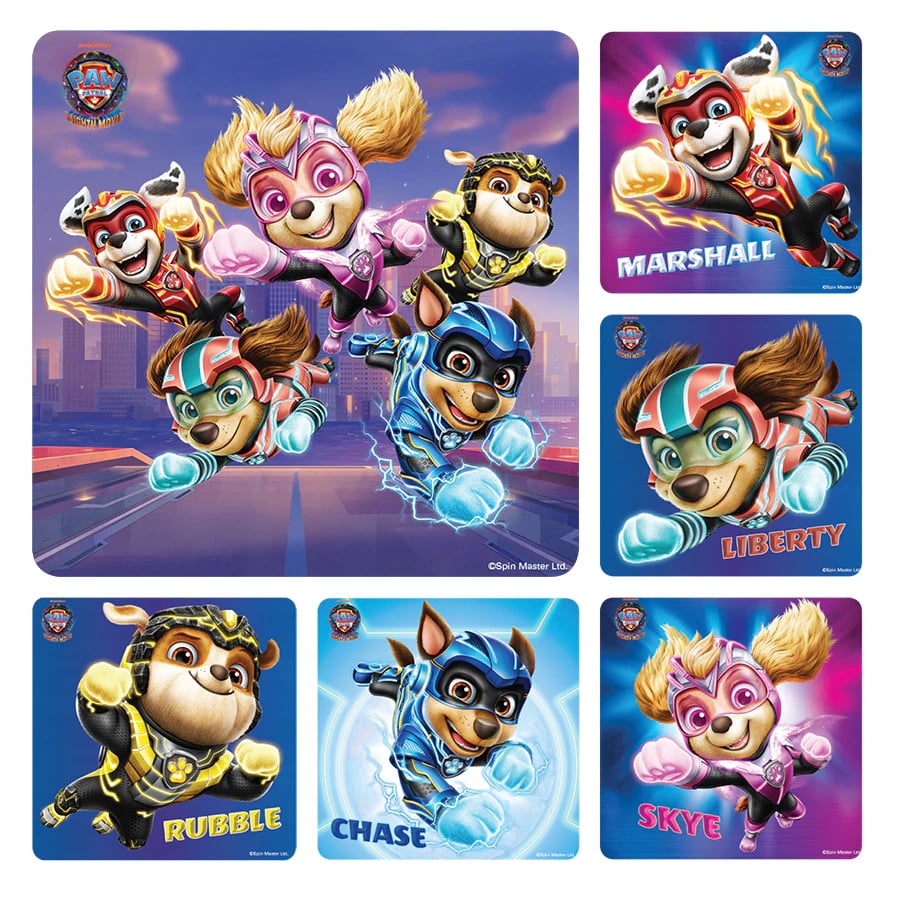 Paw Patrol Movie 2 Stickers, 2.5" x 2.5", 6 Assorted Designs, 100/Roll, PS766