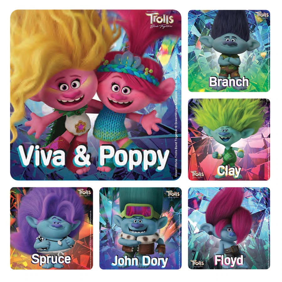 Trolls 3 Band Together Patient Stickers, 2.5" x 2.5", 6 Assorted Designs, 100/Roll, PS768
