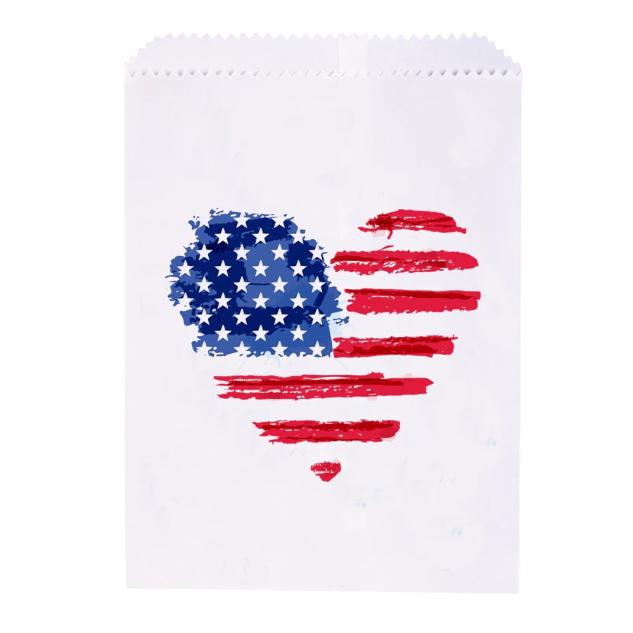Sherman Specialty Paper Bag, US Flag Heart Design, 7.5" x 10", Pack of 100, S8656