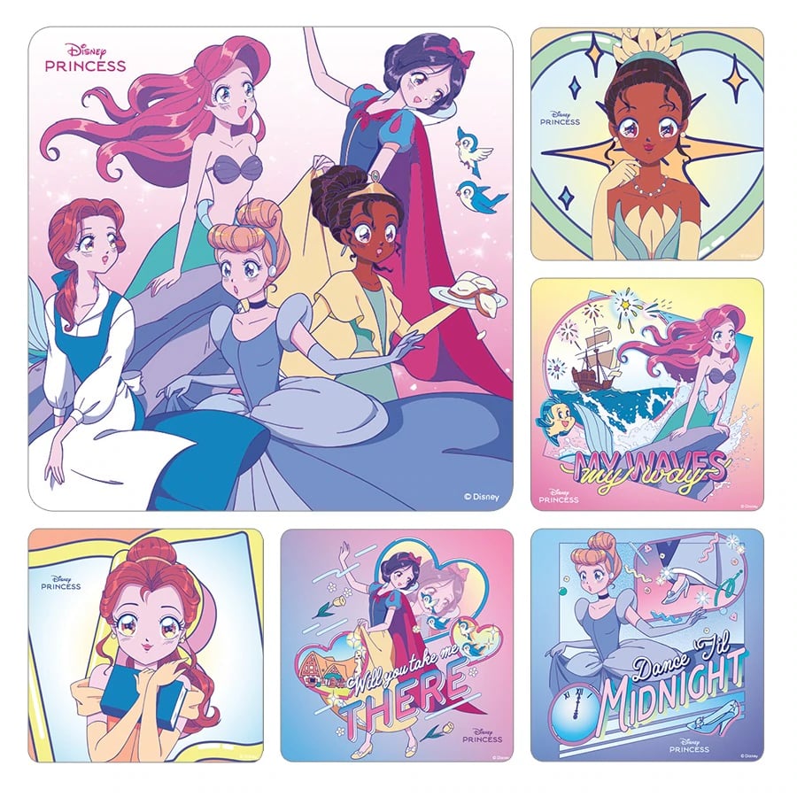 Disney Princess Anime Stickers, Assorted Designs, 2.5" x 2.5", 100/Roll, PS790