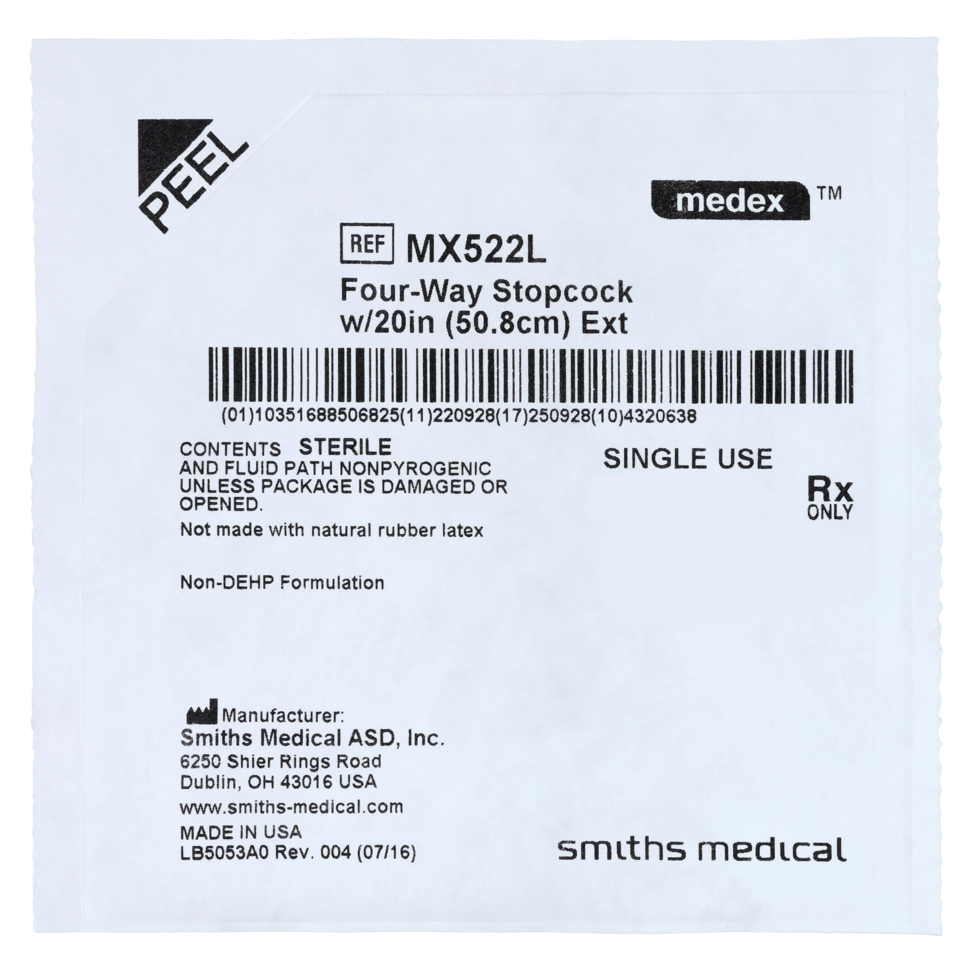 ICU Medical Medex 4-Way Stopcock, 22" Male Luer Lock Adapter, Sterile, Non-DEHP, Latex-Free, 50/Case