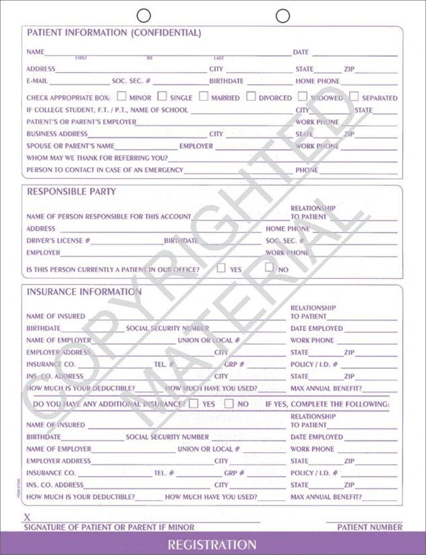 Wilmer Patient Registration ChartForm, 8.5 in x 11 in, White with Purple Ink, 100/Box