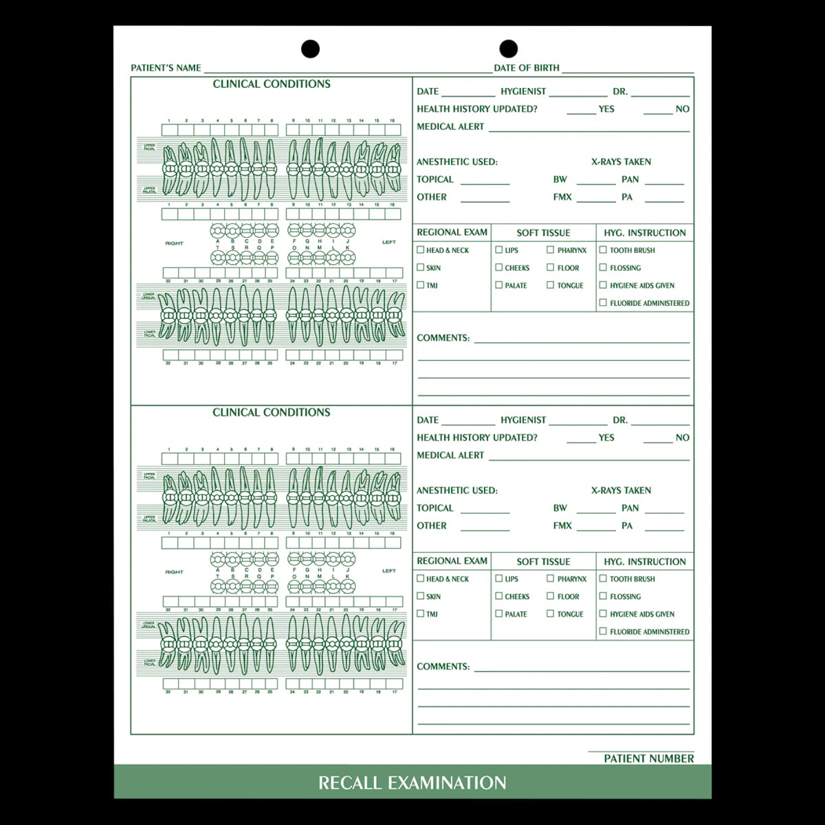 Wilmer Recall Exam Charting Form, 1-Sided, 8.5 in x 11 in, White with Green Ink, 100/Pk