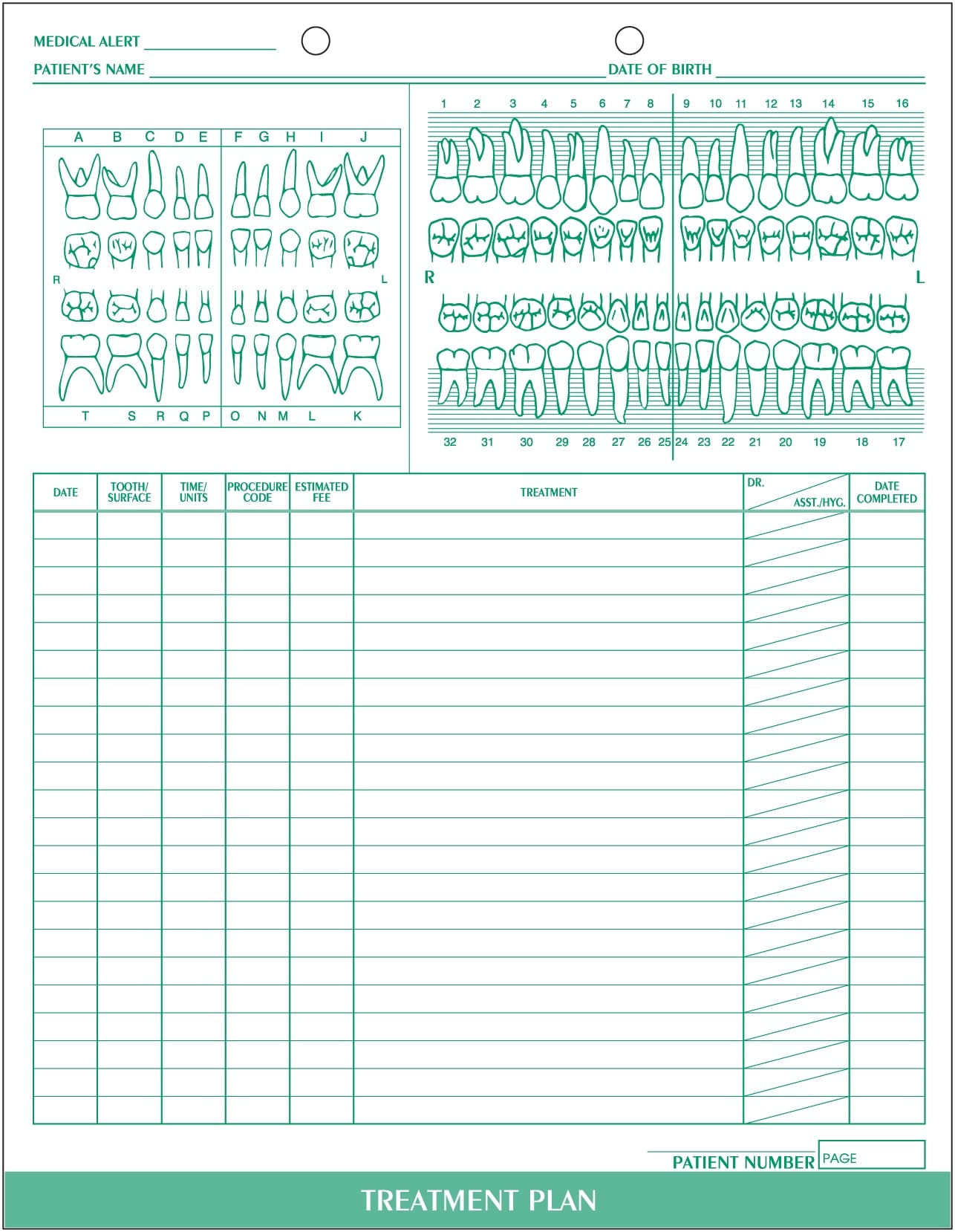 Wilmer Treatment Plan w/Chart Form, 8.5 in x 11 in, White with Green Ink, 100/Box
