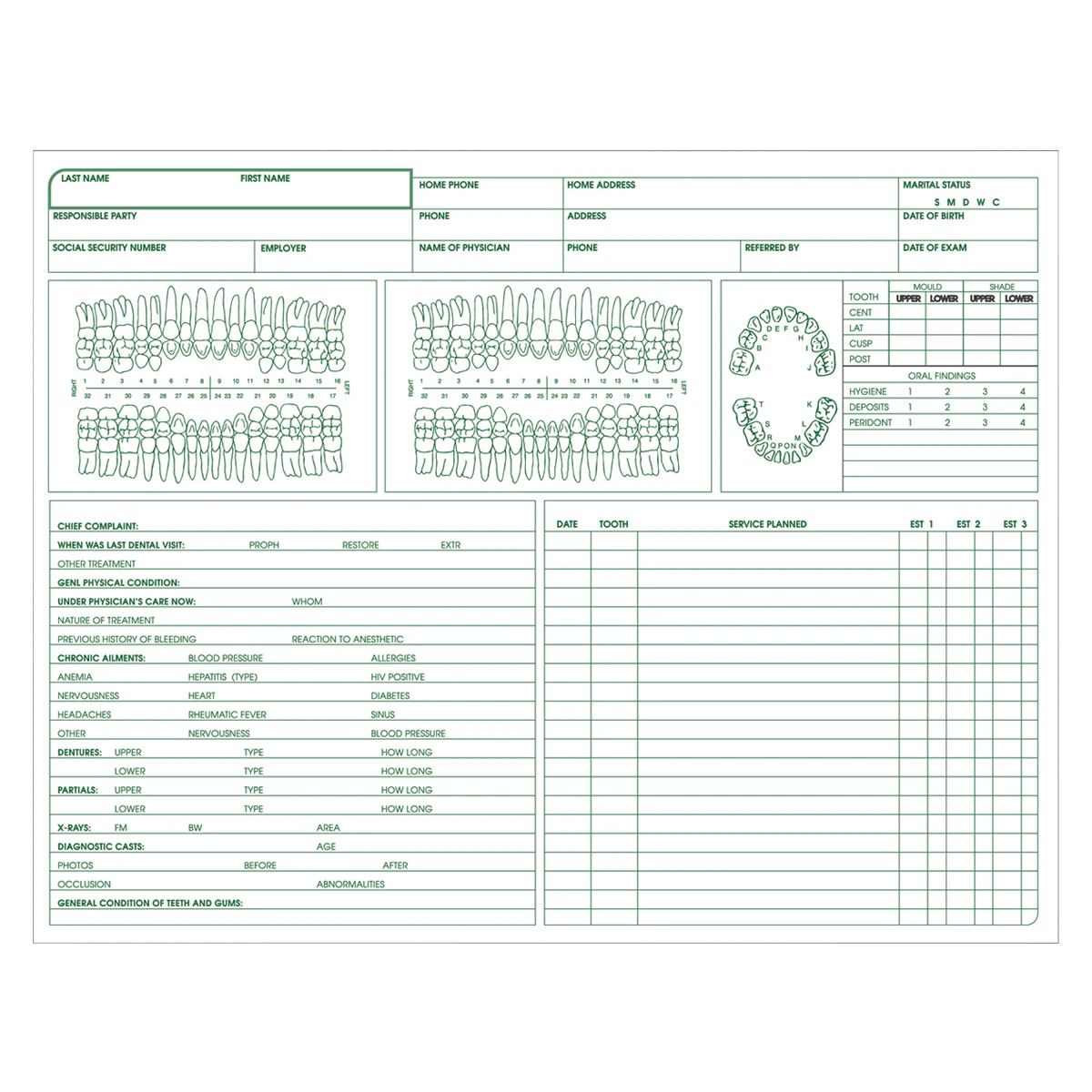 Wilmer Dental Record Forms, Green Ink, 2-Sided, 8.5 x 11 in, 80 Lb Offset Opaque Stock, 100/Box